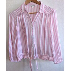 Beachlunchlounge Pink White Striped Smocked Tie Hem Button Down Top Small